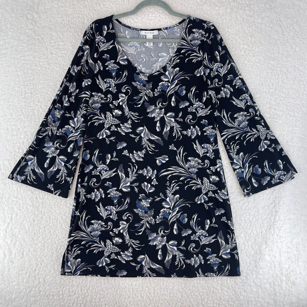 White House Black Market Black Floral Print Dress Womens 3/4 Sleeve Size Medium